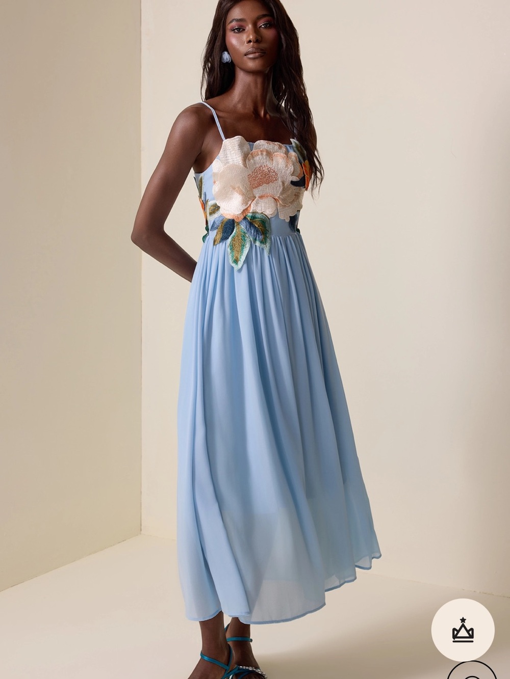 Light Blue Midi Dress with Floral Appliqué Bodice